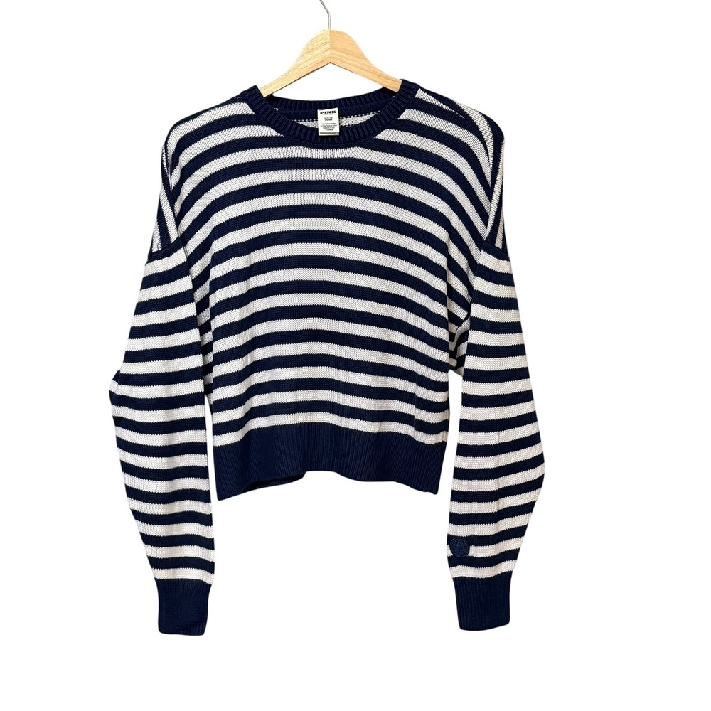 PINK Victoria's Secret Navy White Striped Cropped Viscose Sweater Small Logo